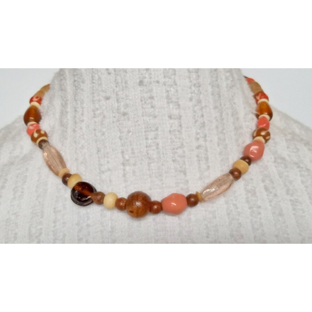 Vintage Tribal Wood & Trade Glass Bead Collar Necklace 16 in Boho Nature